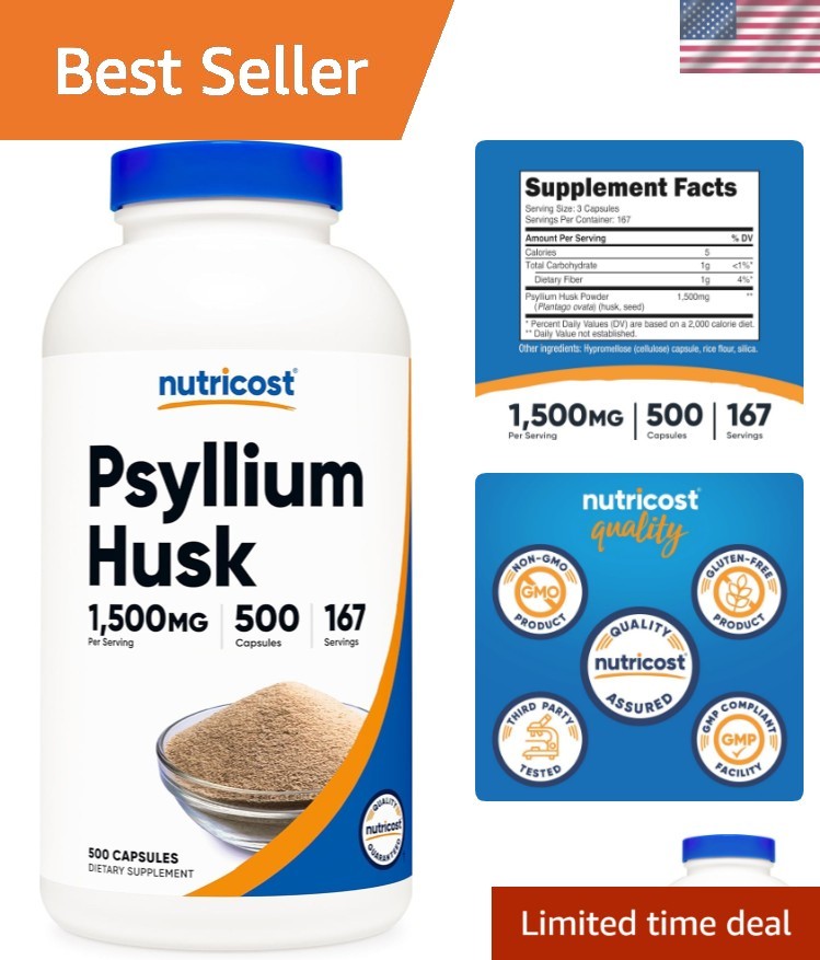 Psyllium Husk 1500mg Per Serving, 500 Capsules – Non-GMO & Gluten Free