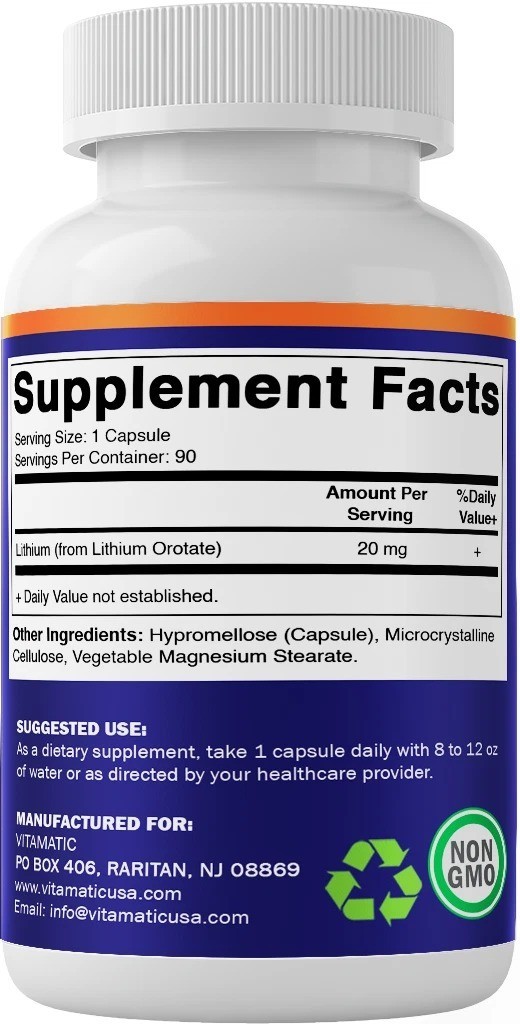 Lithium Orotate 20mg 90 Caps- Veggie Caps, Non-GMO, Gluten Free Vitamatic