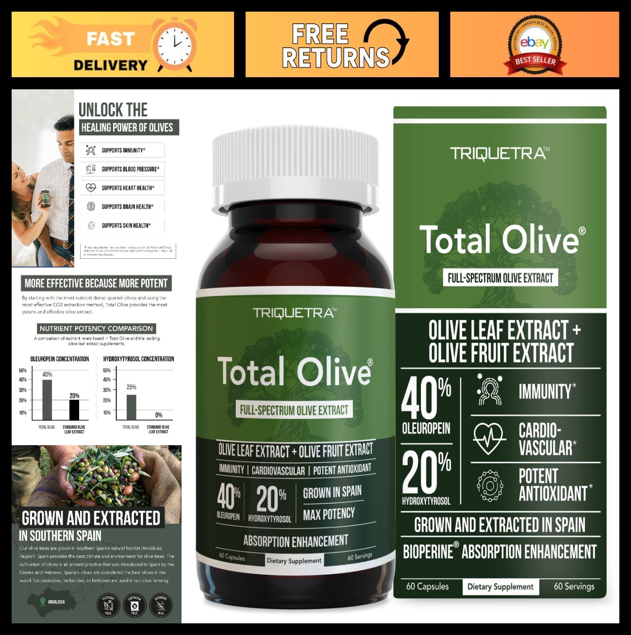 Olive Leaf & Fruit Extract 40% Oleuropein, 20% Hydroxytyrosol, 60 Caps, Enhanced