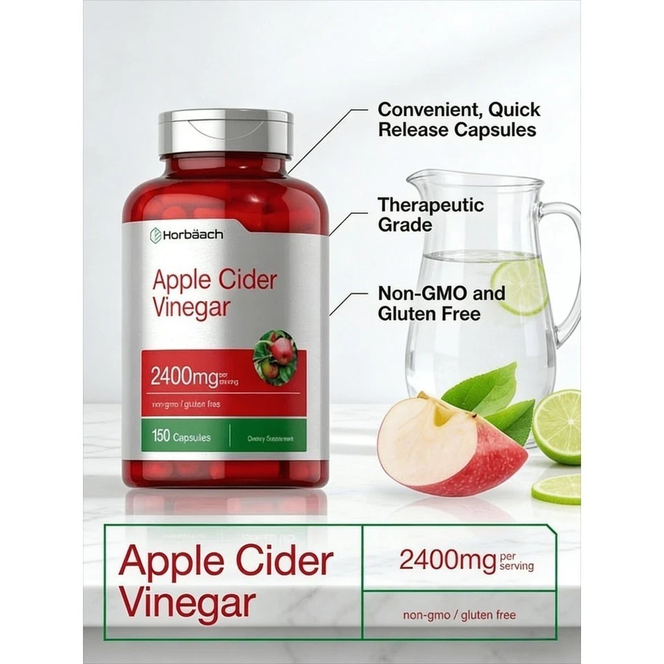 Non-GMO Horbäach Apple Cider Vinegar 2400mg Supplement 150 Capsules Gluten NEW