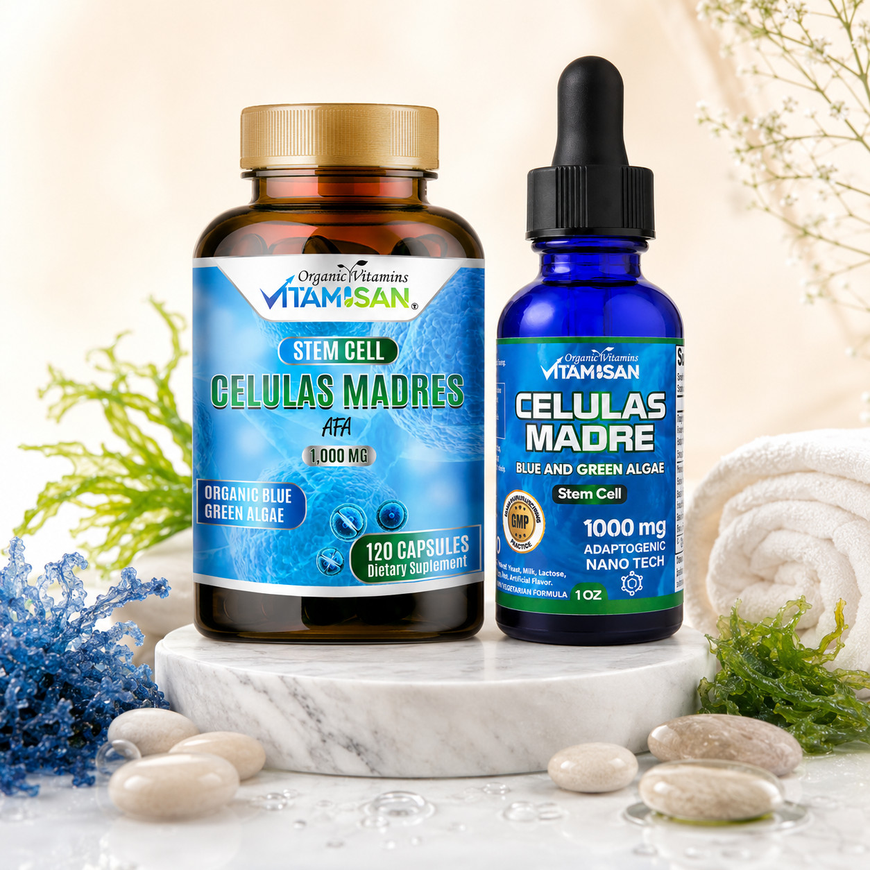 Celulas Madres Stem Cell 2 Pack Blue Green Algae AFA Spirulina Drops Caps Inmune