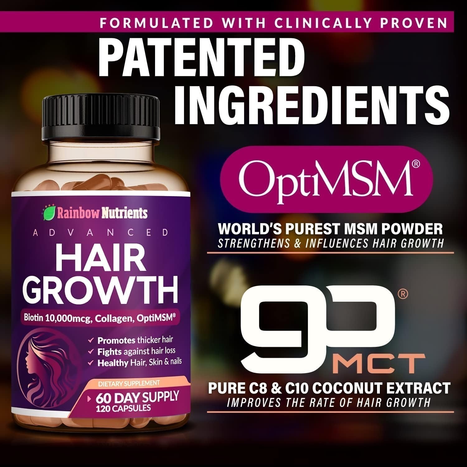 Rainbow Nutrients Hair Growth Vitamins w/ Biotin 10,000mcg &Collagen 120Capsules