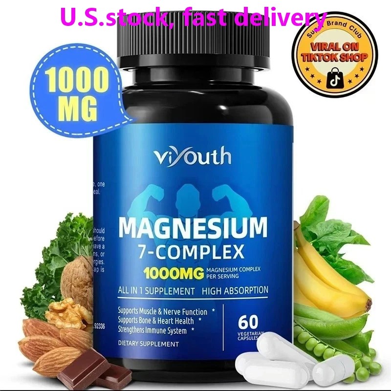 Viyouth Magnesium 7 Complex Capsules 60 Count Sleep Support Bone Health.