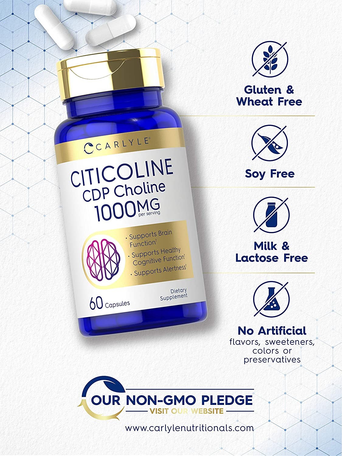 Citicoline CDP Choline | 1000mg | 60 Capsules | Highest Potency | by Carlyle