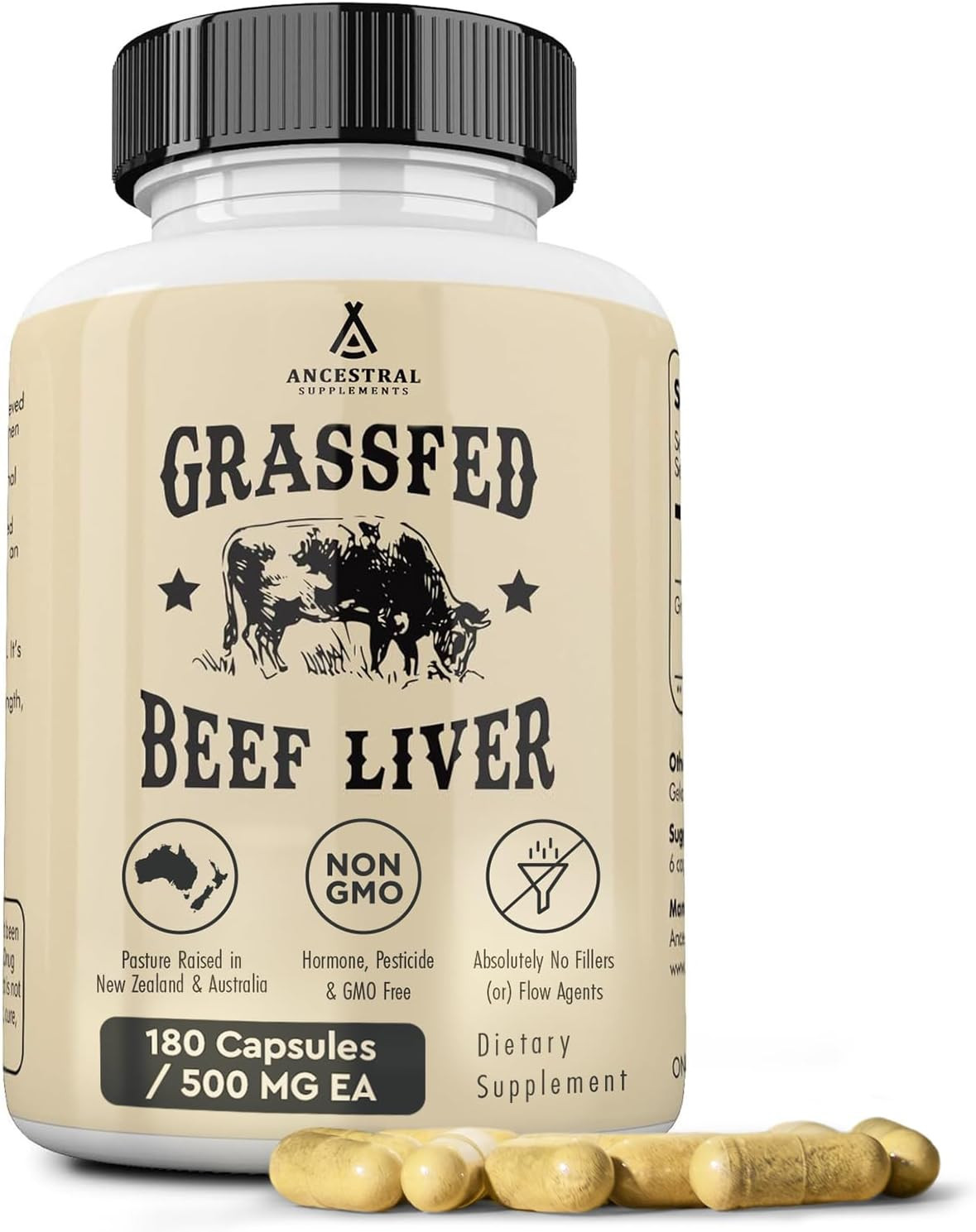 Grass Fed Beef Liver 180 Capsules, Supports Energy Production, Detoxification, D
