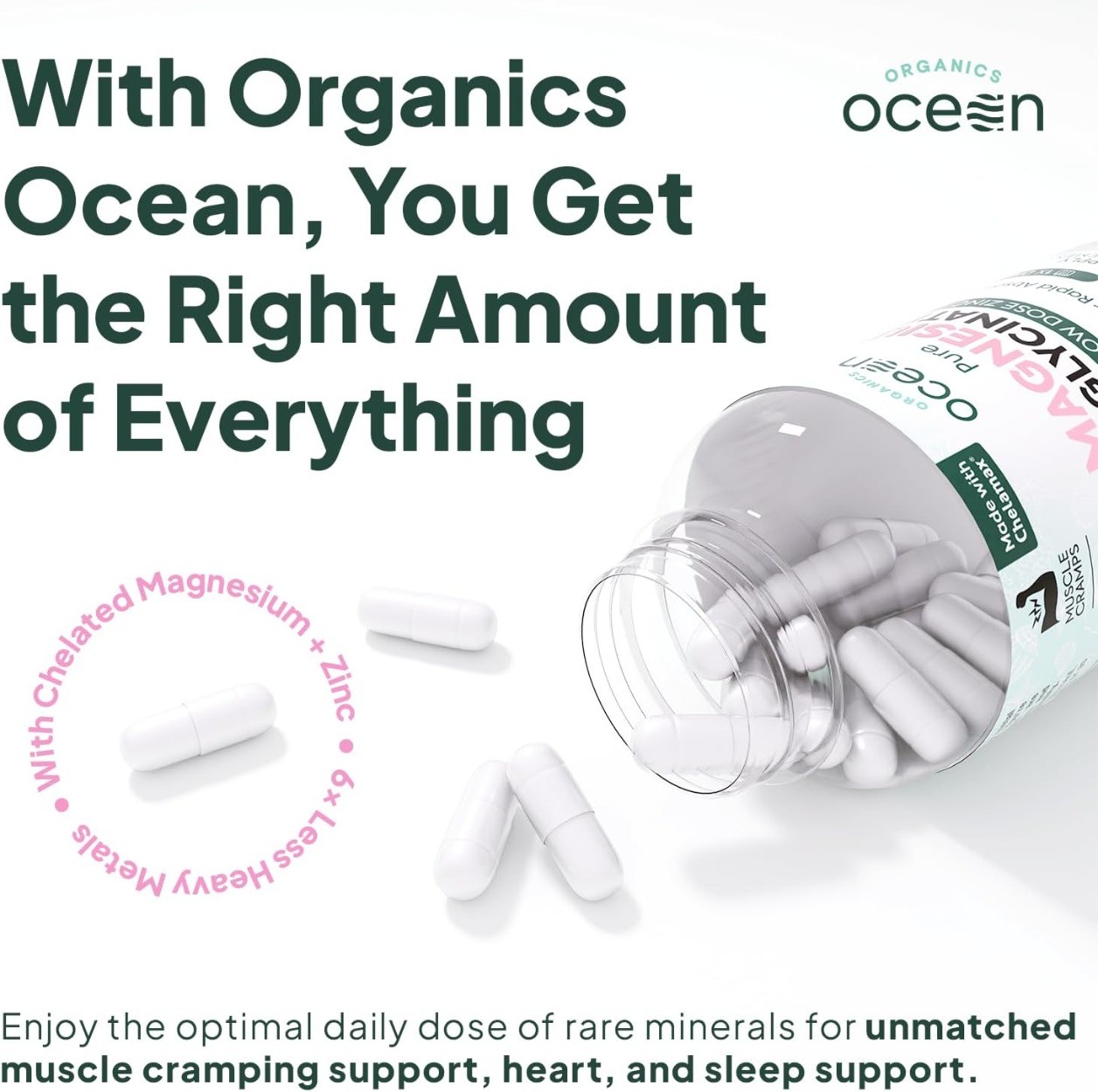 Organics Ocean Pure Magnesium Glycinate Zinc for Muscle Cramps Sleep Support