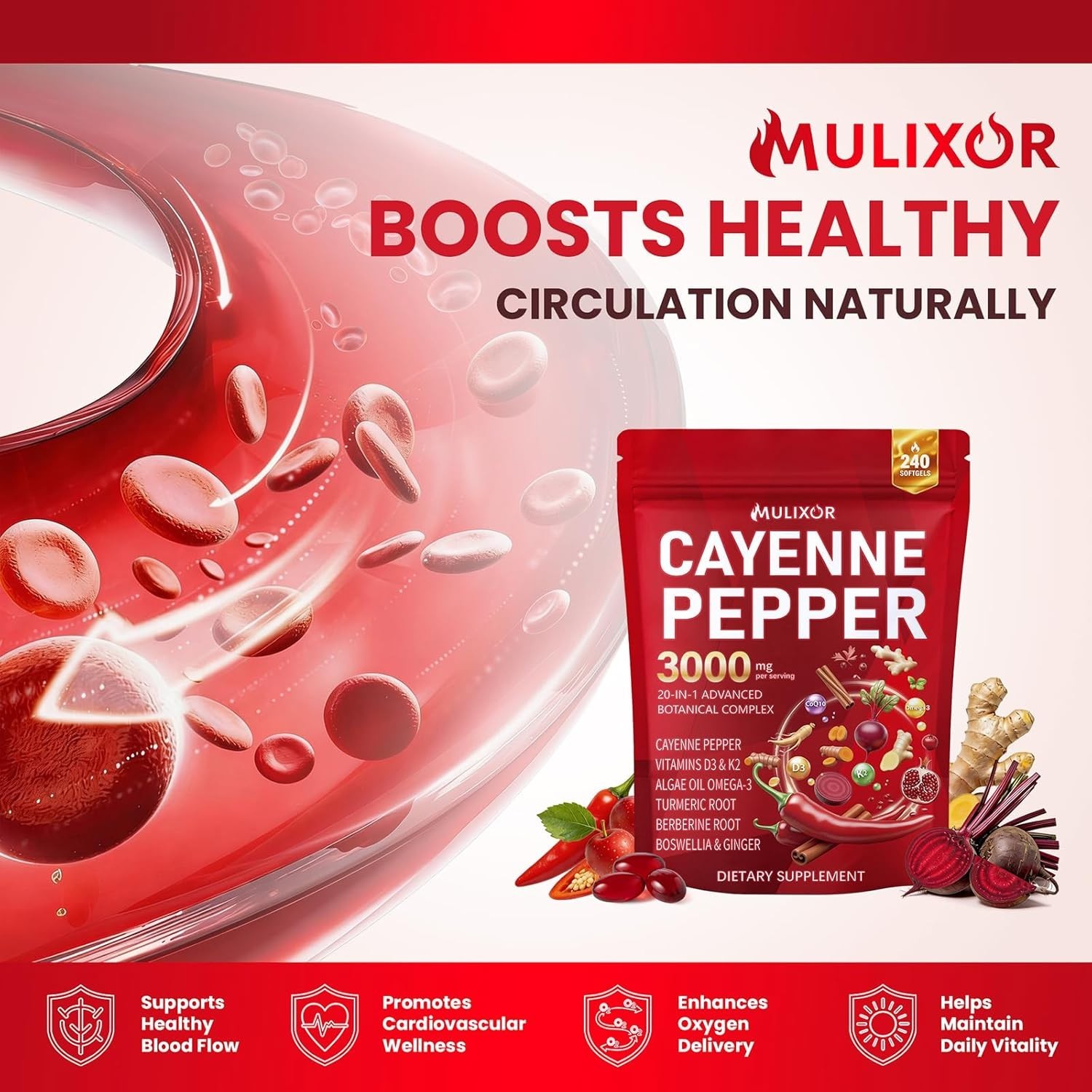 Gluten-Free Cayenne Pepper Softgels – 20-in-1 Metabolism & Circulation Support