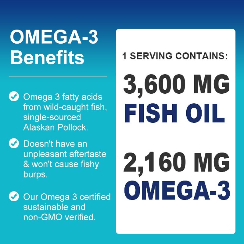 Omega 3 Fish Oil 3600mg Softgels – 1296mg EPA, 864mg DHA, Heart & Brain Support