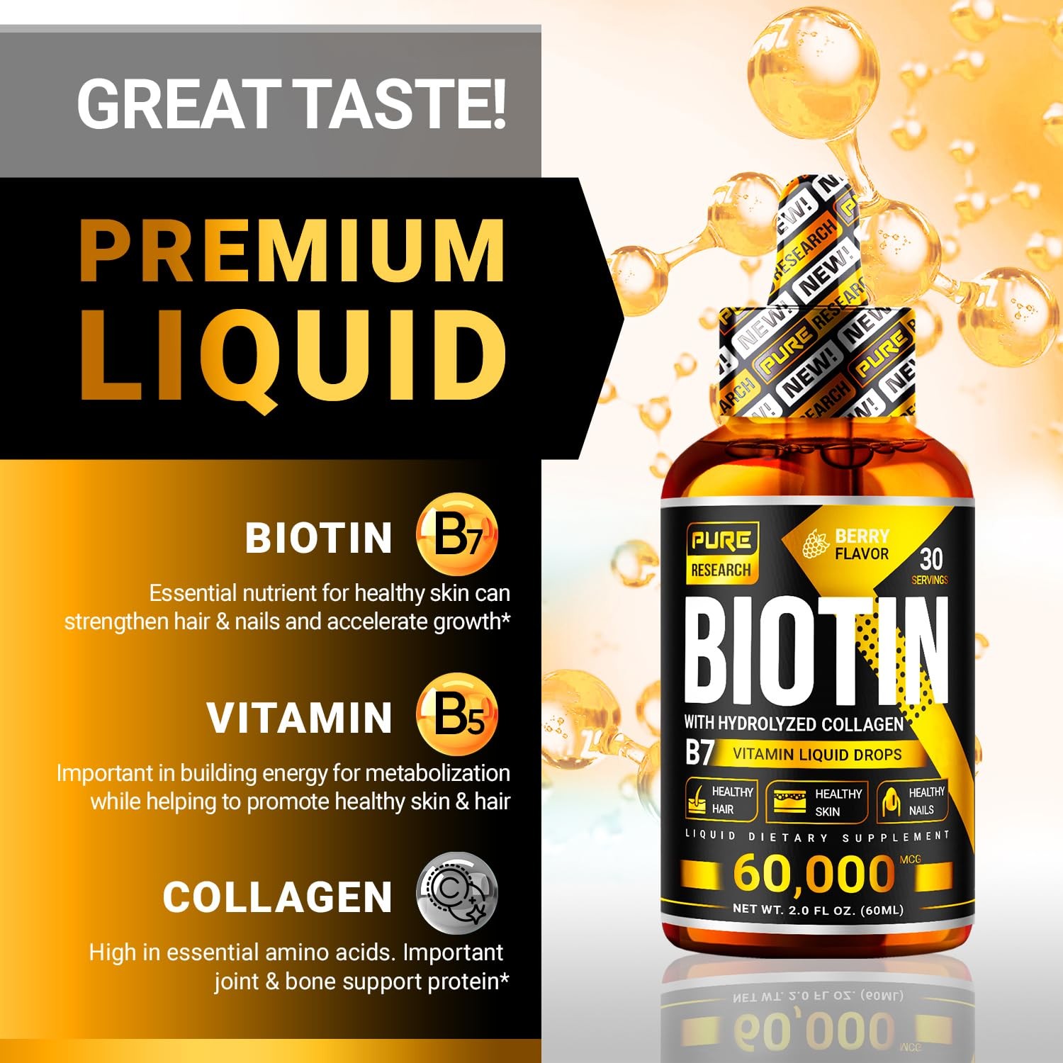 PURE RESEARCH Liquid Biotin & Collagen Hair Growth Drops 60,000mcg – Biotin a…