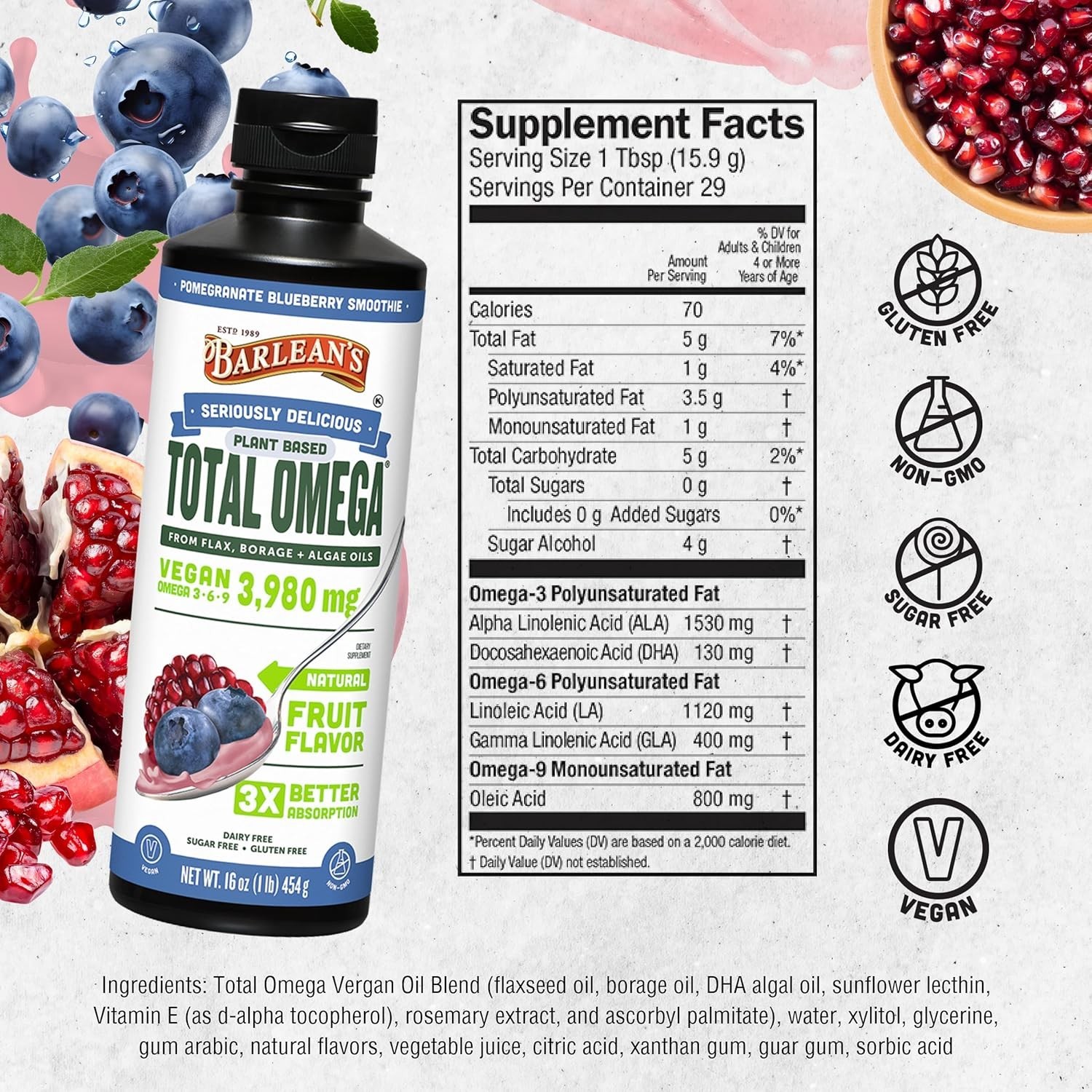 Plant-Based Omega 3-6-9 Flaxseed & Algae Oil, 16oz – No Artificial Additives