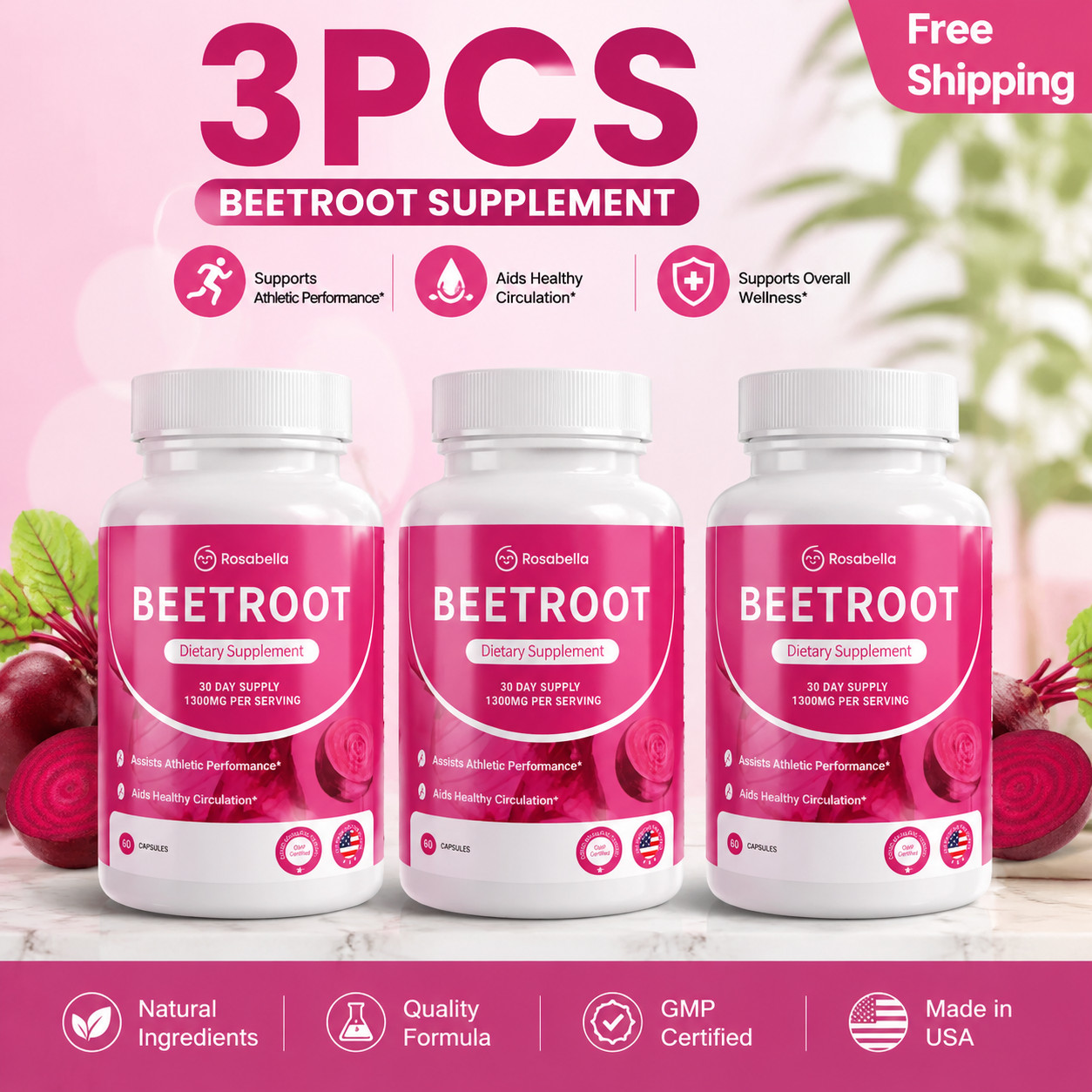 3X Rosabella Organic Beet Root 60 Capsules Natural Energy Boost Blood Pressure
