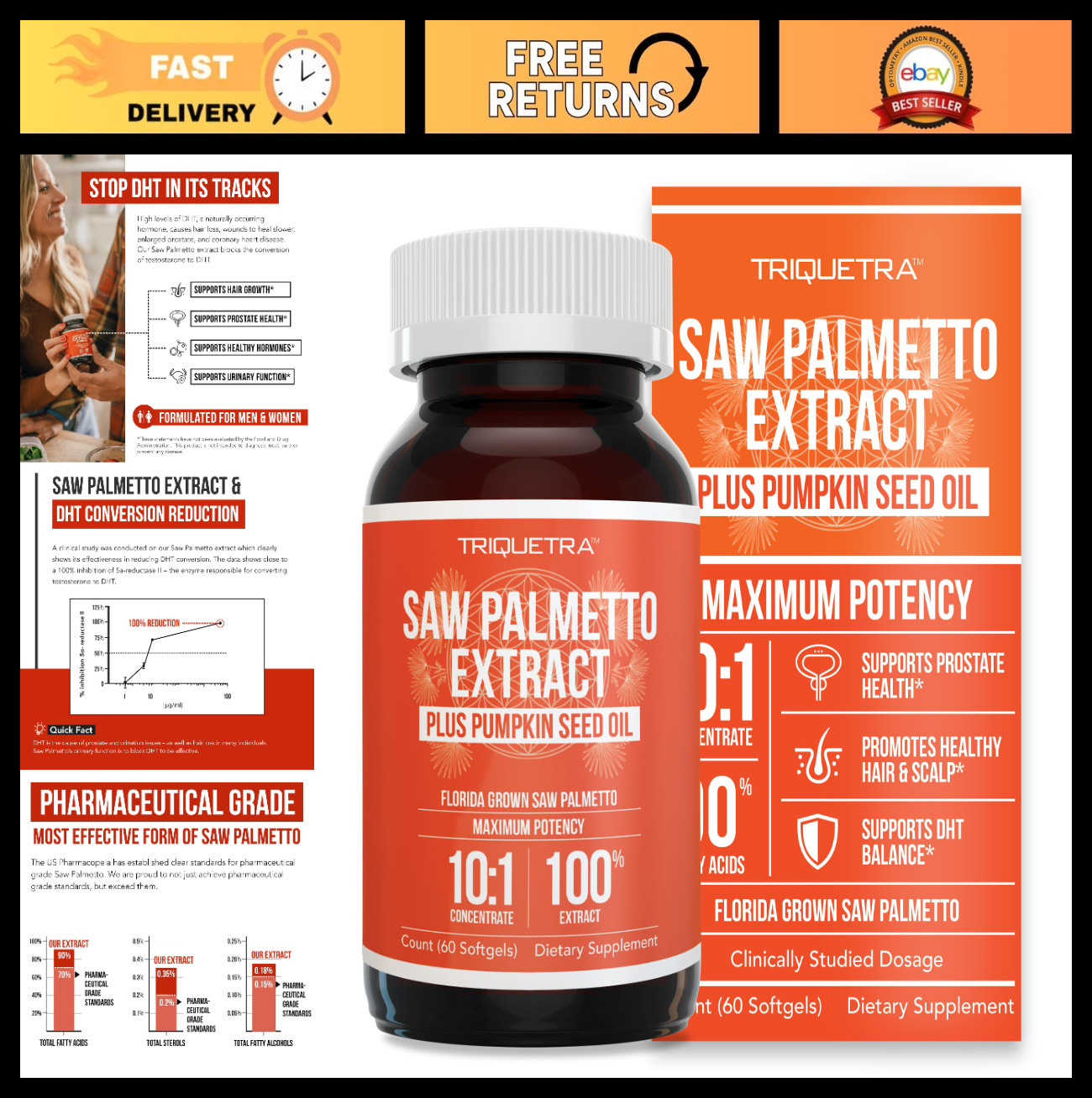 Saw Palmetto Extract 10X Potency + Pumpkin Seed Oil – Prostate Health & Hair Gro