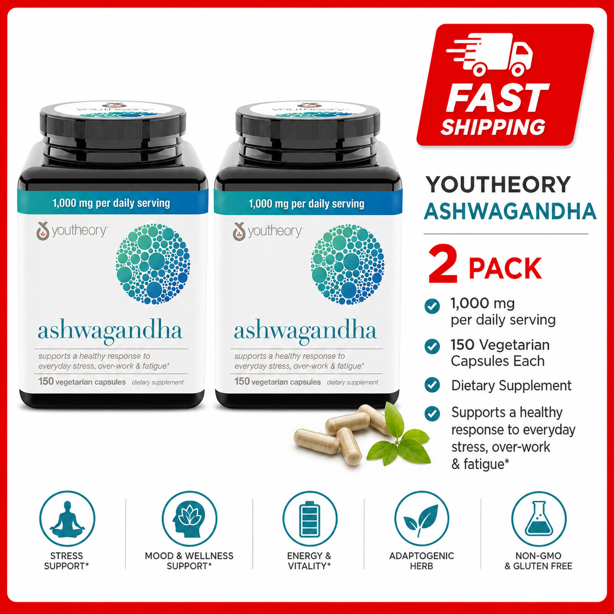 2 Pack youtheory Ashwagandha 1000 mg, 150 Vegetarian Capsules