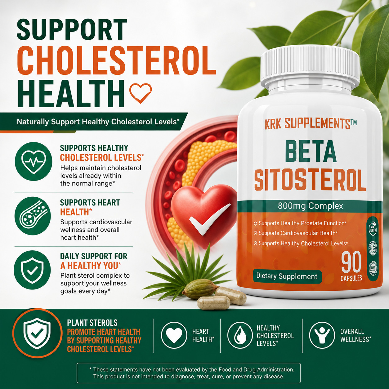 1 Bottle Beta Sitosterol 800mg Prostate Support Urinary Bladder KRK Supplements