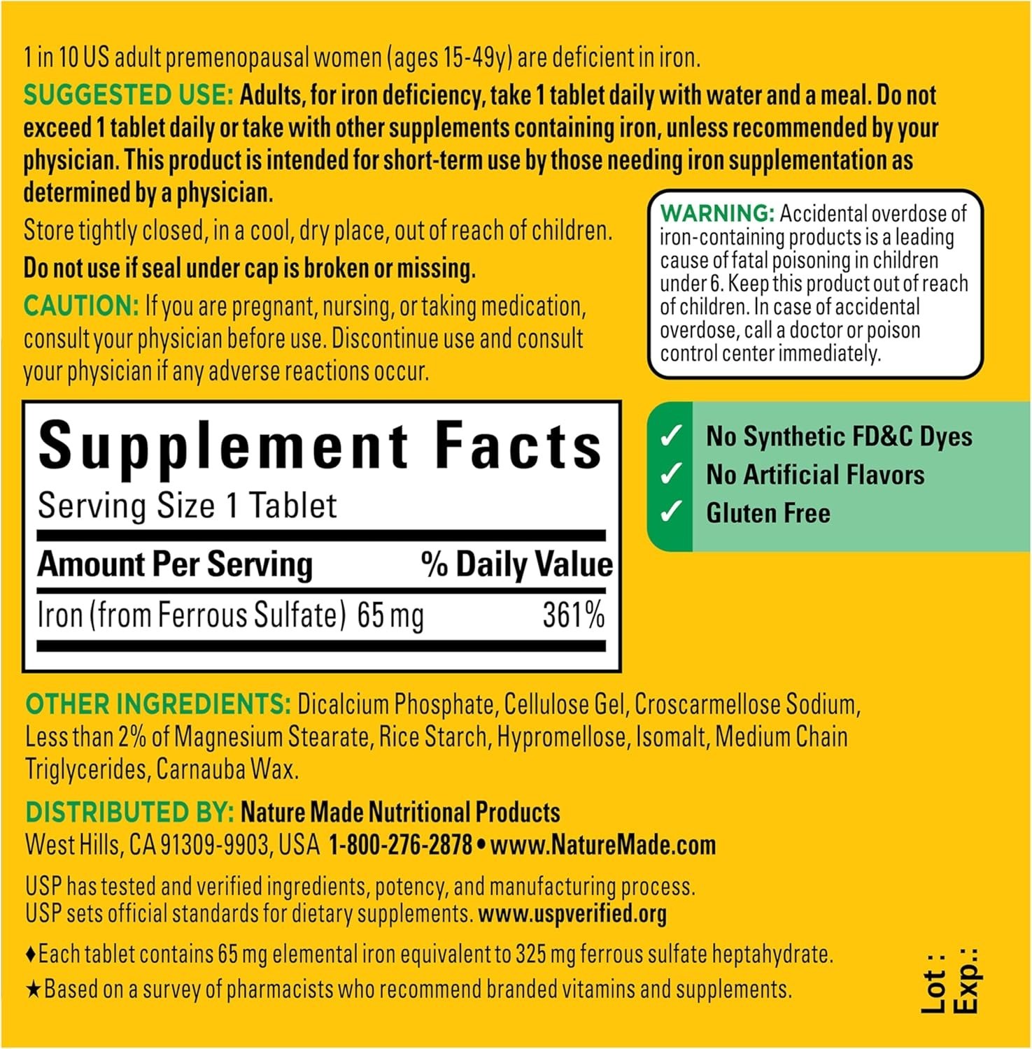Nature Made Iron 65 mg (325 mg Ferrous Sulfate) 180 Tablets Dietary Supplement