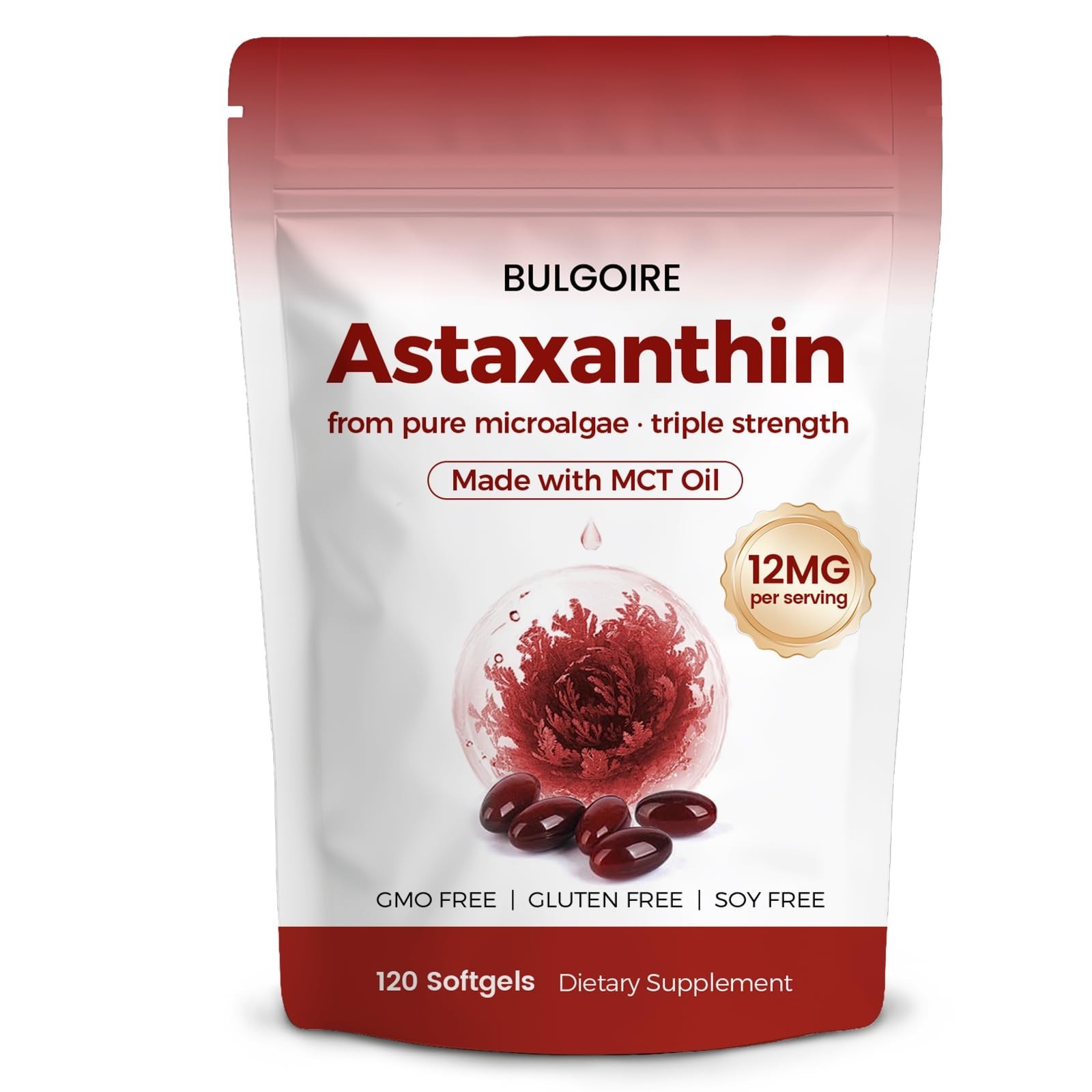 Astaxanthin 12mg with MCT Oil – 120 Softgels, Organic Antioxidant for Eyes, Skin