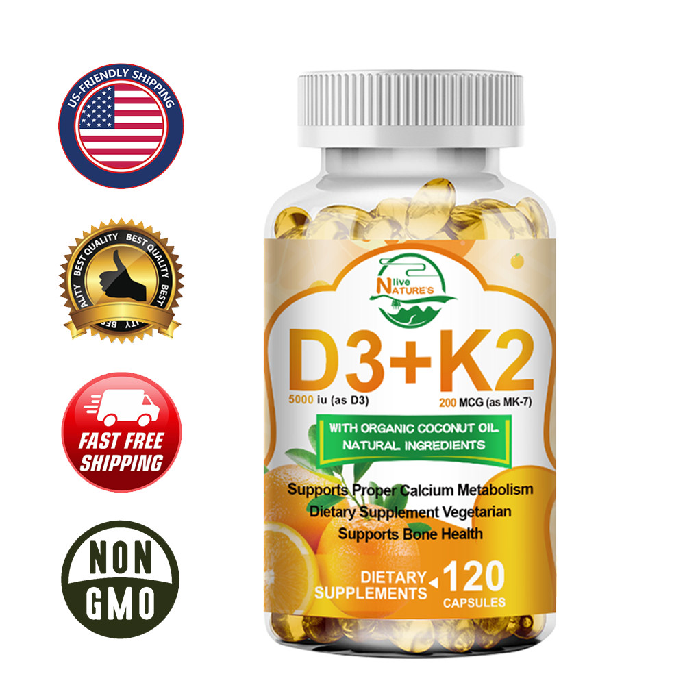 Vitamin D3 5000 IU + K2 200mcg 120 Capsules Extra Strength D3 K2 Supplements