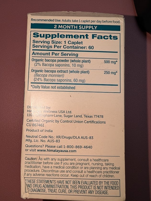 Organic Bacopa, 60 Caplets
