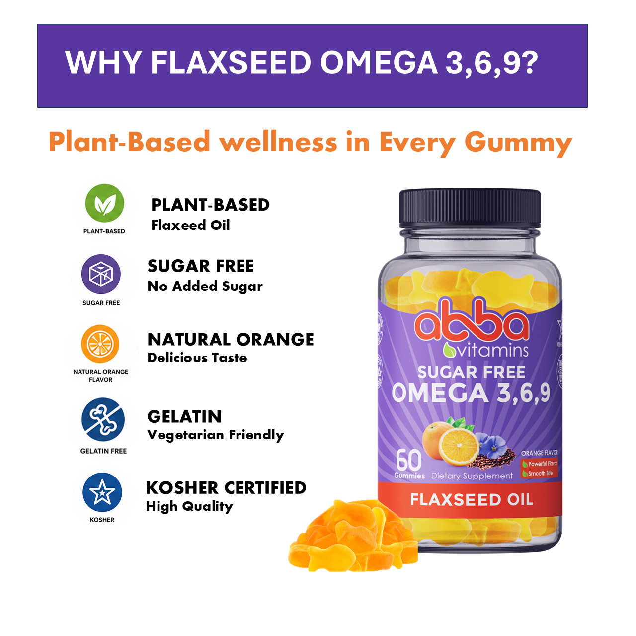 2-Pack Daily Omega Gummy Natural Flavors & color Flaxseed Oil based Star Kosher