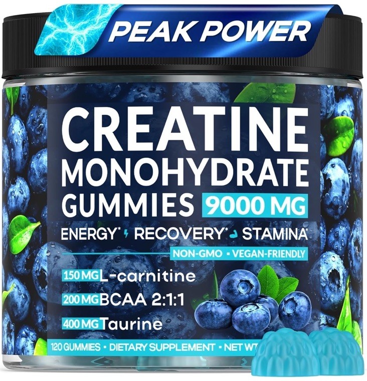 Creatine Monohydrate Gummies Complex 9000 MG, Preworkout Gummies with BCAA, L-Ca