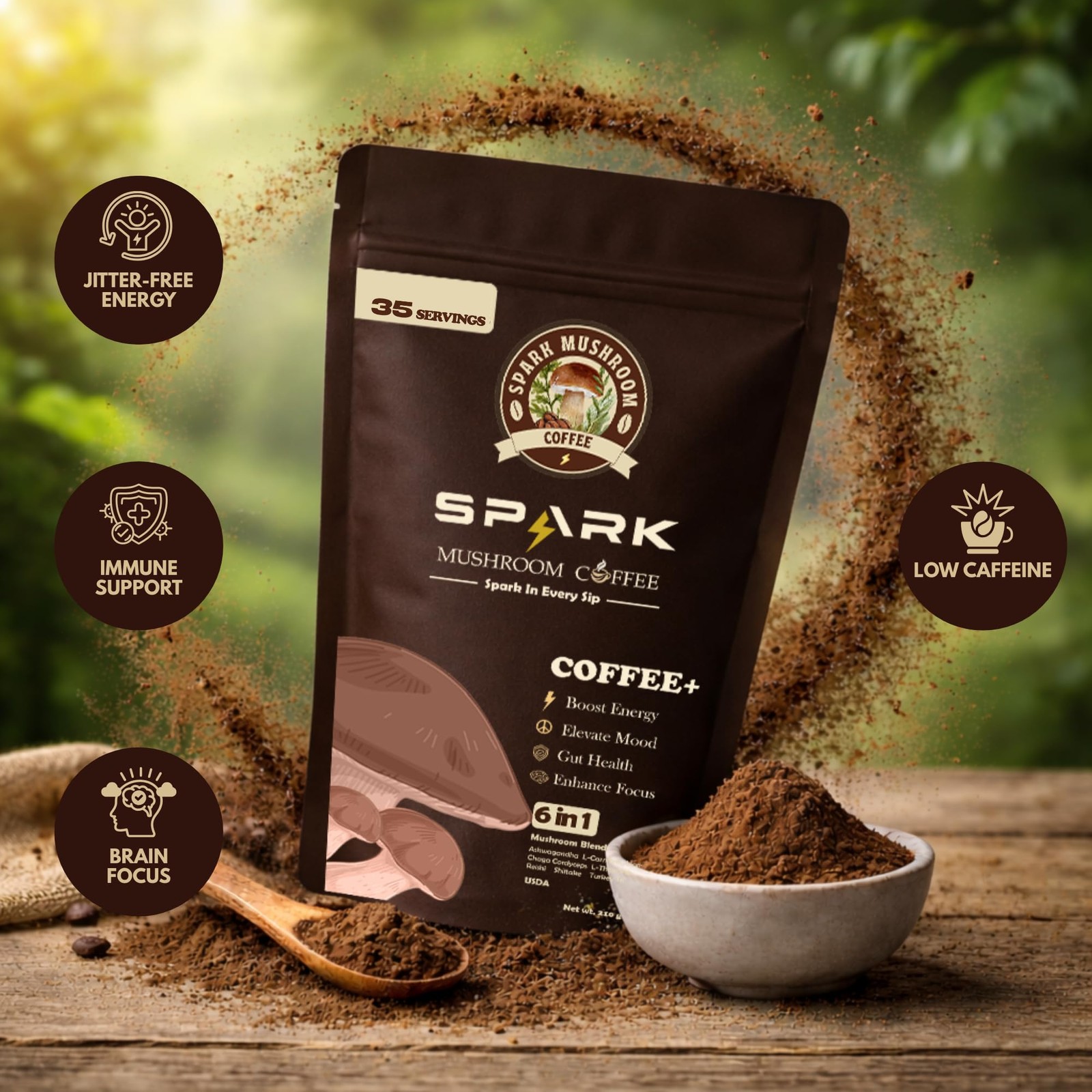 Spark Instant Organic Mushroom Coffee USDA – 35 Servings & 210g/7.4oz – 6 Ada…