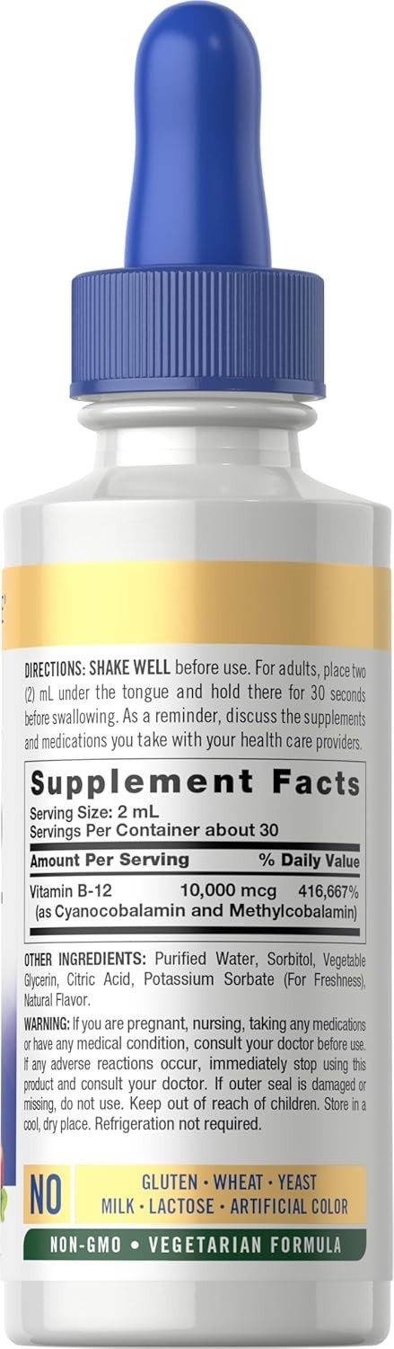 Vitamin B12 Liquid Drops 10000mcg Sublingual Energy Brain Metabolism Berry 2 oz